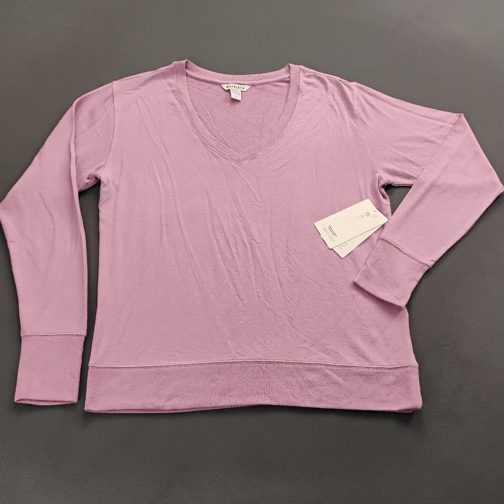 ATHLETA Sunrise V-Neck Swatshirt Women's Size L Purple Super Soft NWT Thumb Hole
